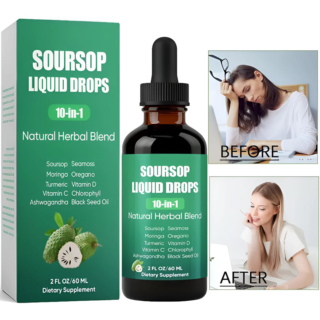 Nutrively 10in1 Soursop Extract Drops in a 60ml amber glass bottle with dropper top on a white background