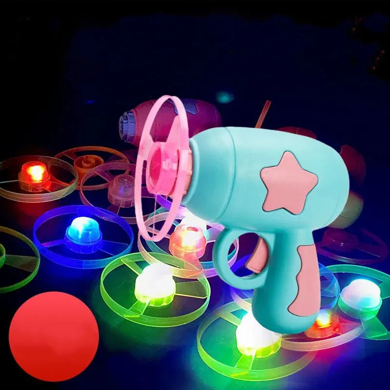 LED flashing flying saucer launcher toy set with colourful discs and gun