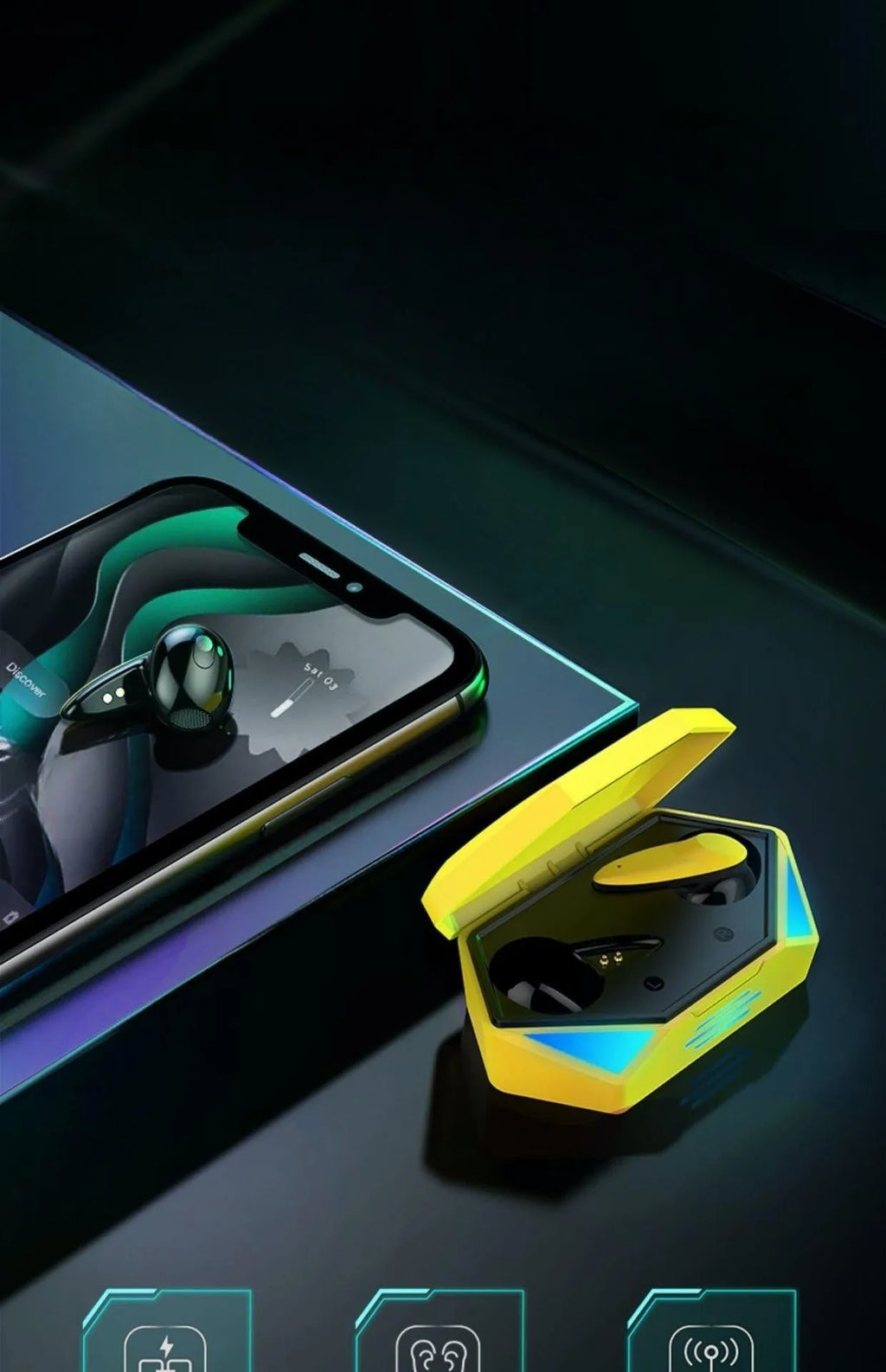 G20 Bluetooth sports gaming headset in black, white or yellow colours with earplug design and charging case