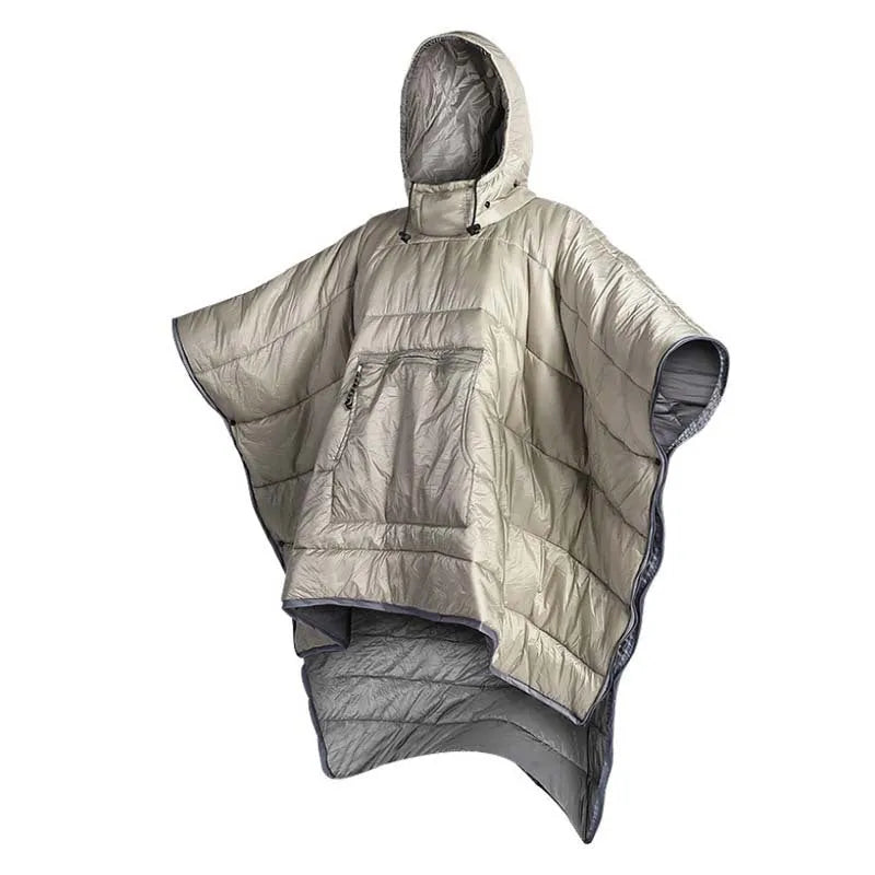Outdoor cloak sleeping bag in grey colour showing wearable cape design and 200x140cm dimensions