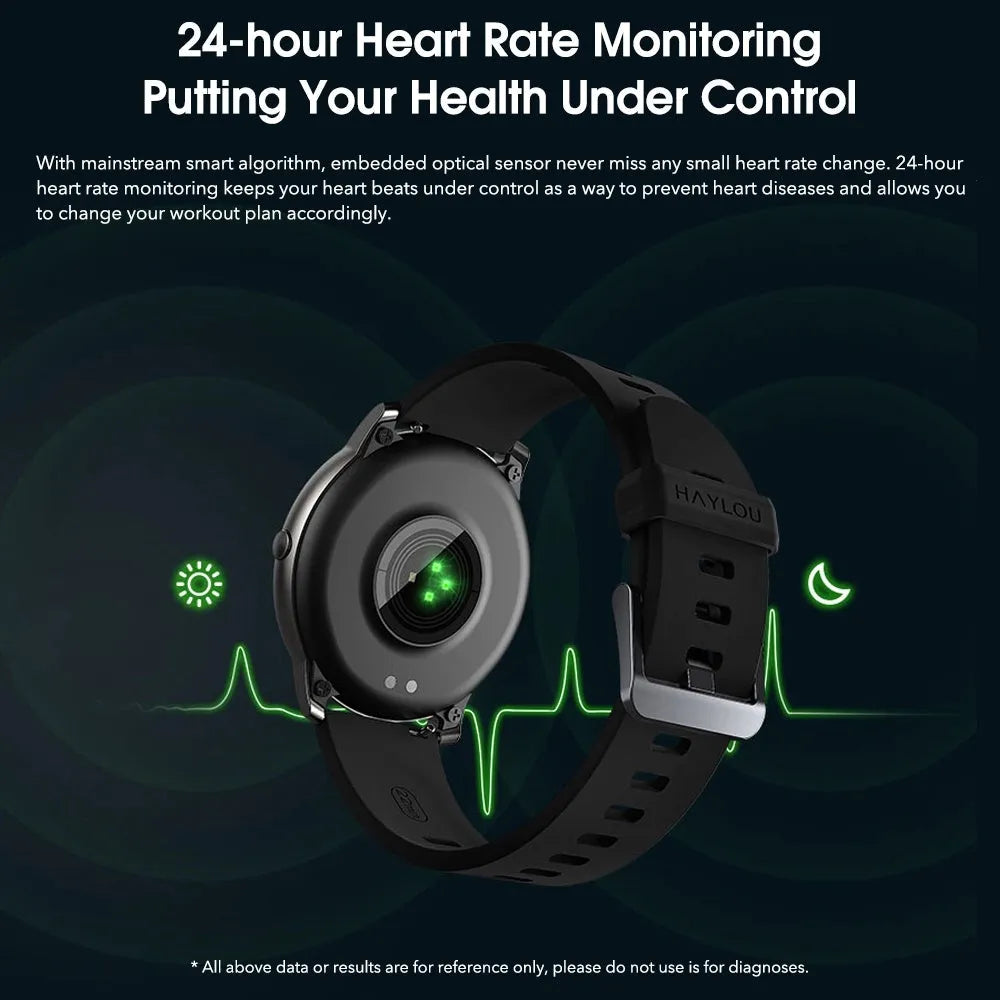 Black round smart watch with heart rate and sleep monitor on wrist, alloy case and silicone band