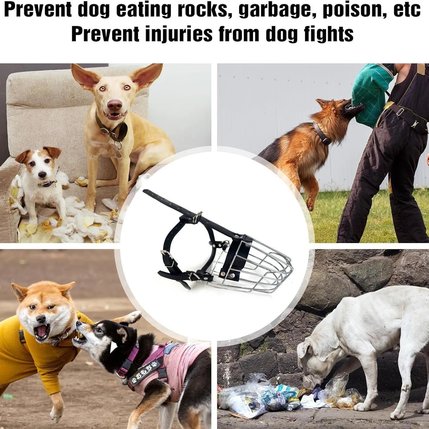 Black metal wire basket dog muzzle shaped for a golden retriever or German shepherd, showing adjustable strap and buckle.