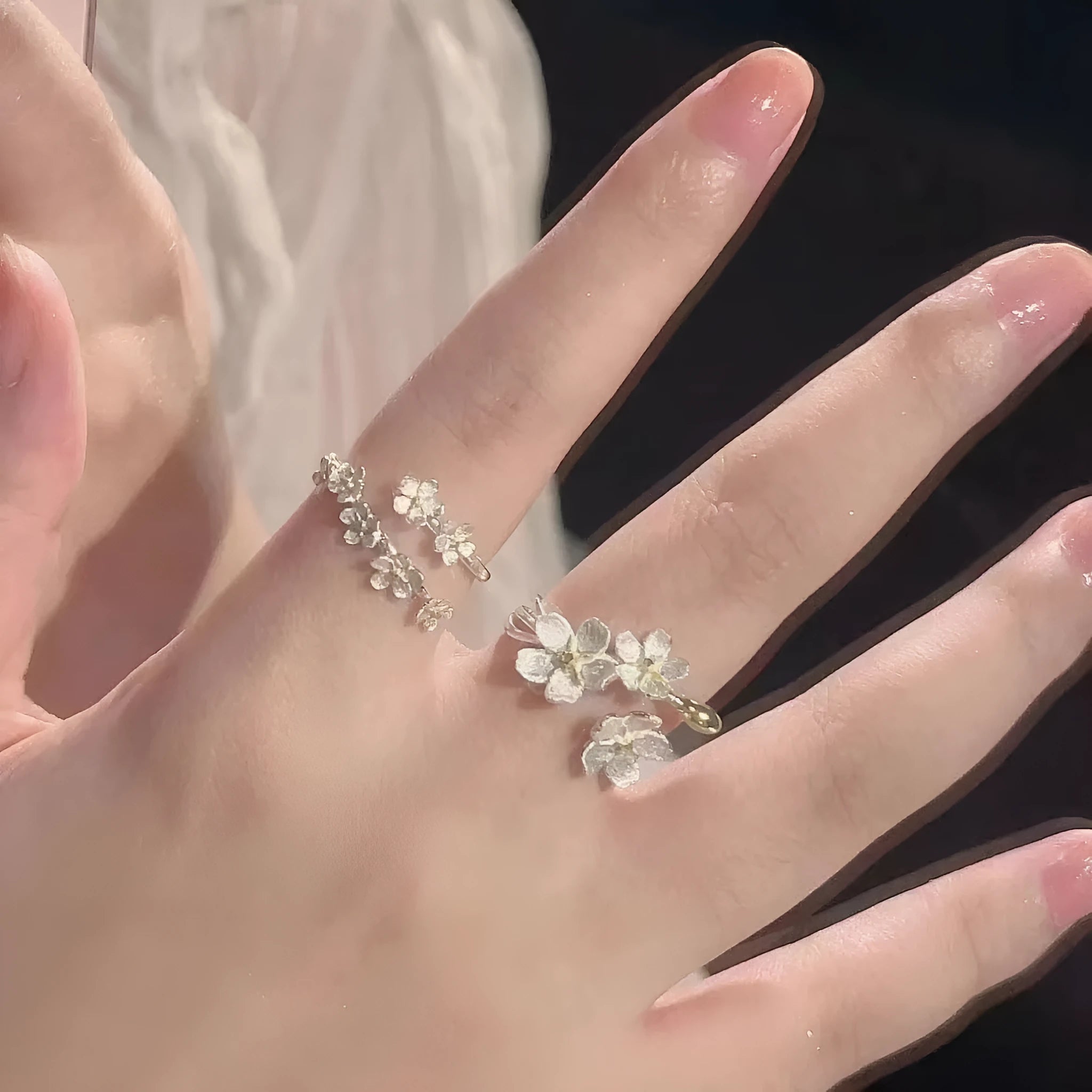 Three-dimensional jasmine flower open ring with camellia elements in cream sweet girl style