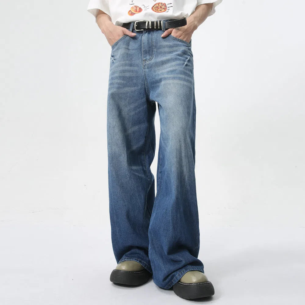 Men's summer loose straight jeans in light blue cotton fabric, full-length trouser style