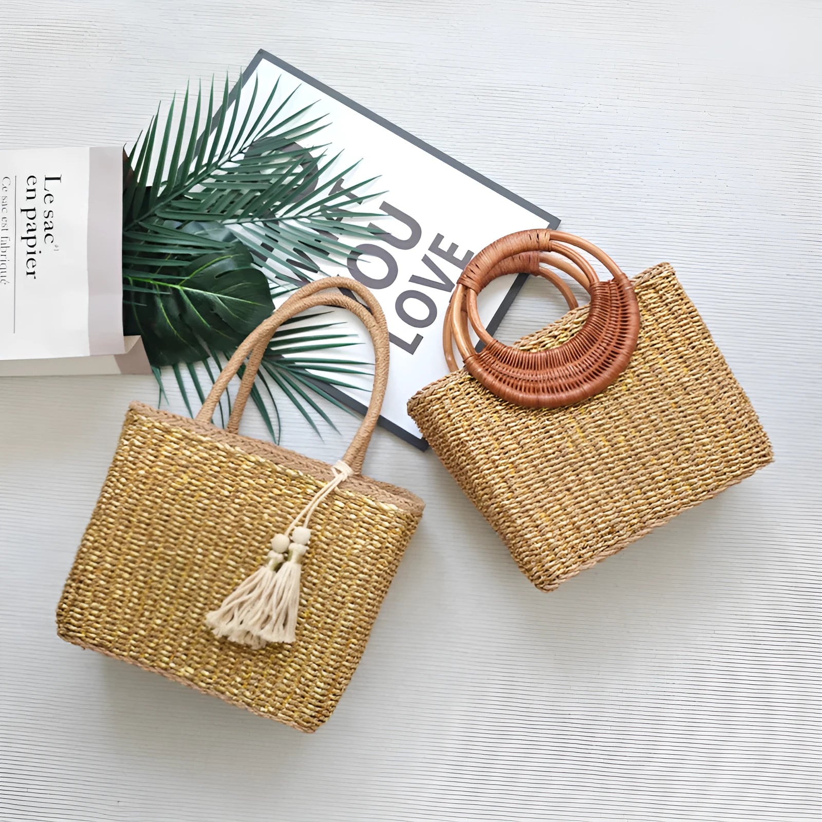 Handmade woven paper straw bag with double shoulder straps in gold and natural tones