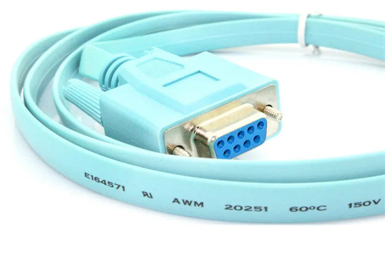 Sky-blue flat RJ45 to DB9 serial console cable with copper conductors, 1.5 metres long