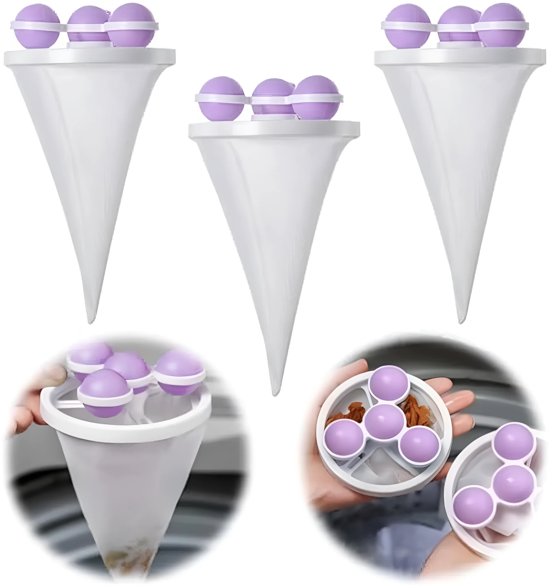 Three reusable pink blue purple washing machine hair filter mesh bags for pet lint removal