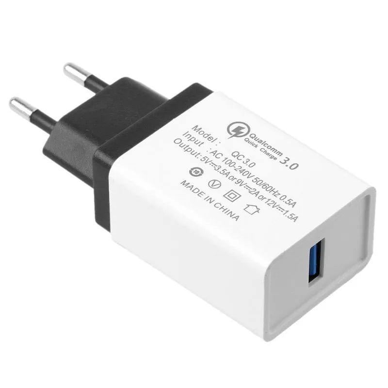 QC3.0 fast travel charger in blue, black, orange, red or grey with American or European plug options