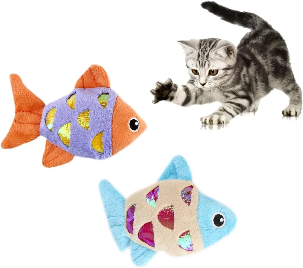 Two small fish-shaped cat toys with plush exterior in assorted colours
