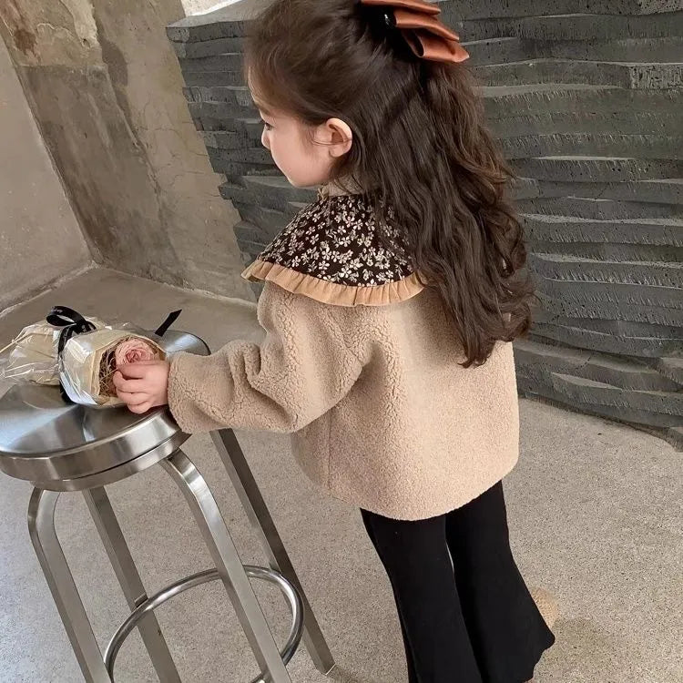 Mori style girls' fleece-lined khaki coat with long sleeves for winter, available in heights 80-140cm