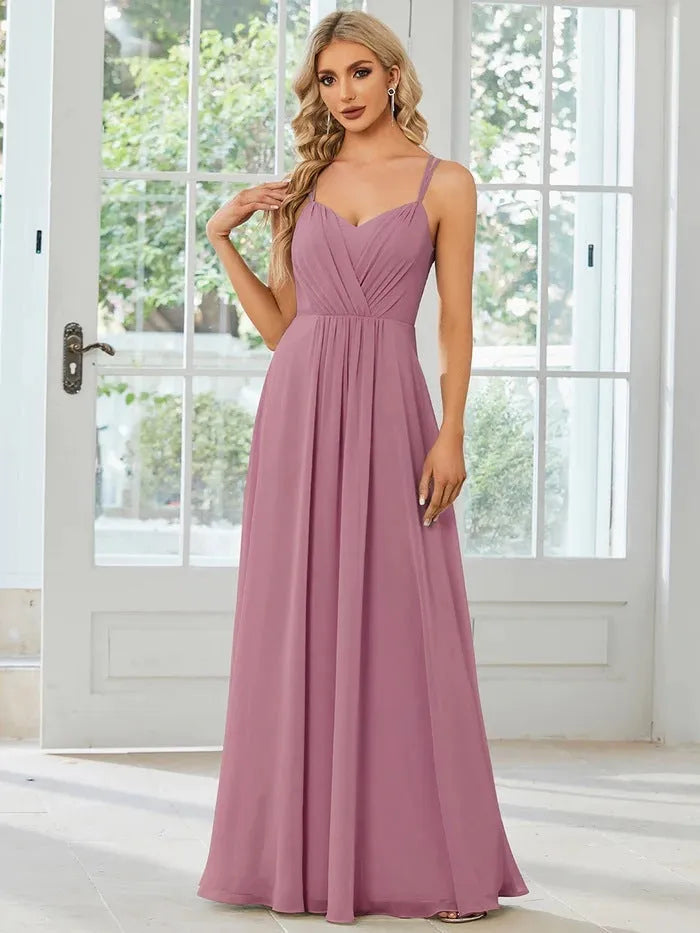 Women's sleeveless A-line long dress with pleated skirt detail in polyester fabric