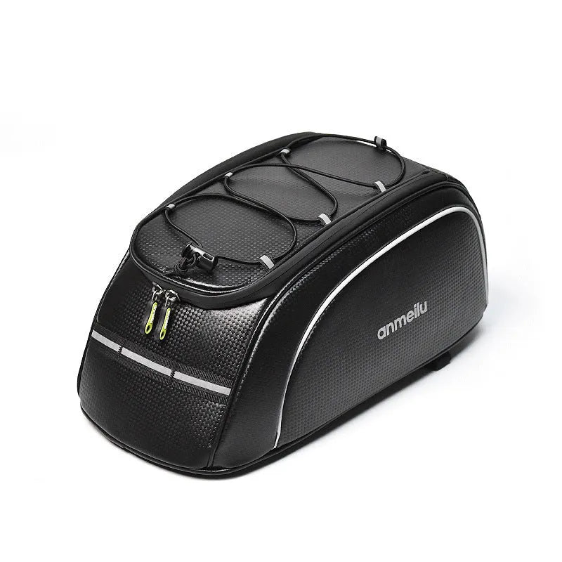 Waterproof black cycling bag mounted on bicycle rack with 8L capacity