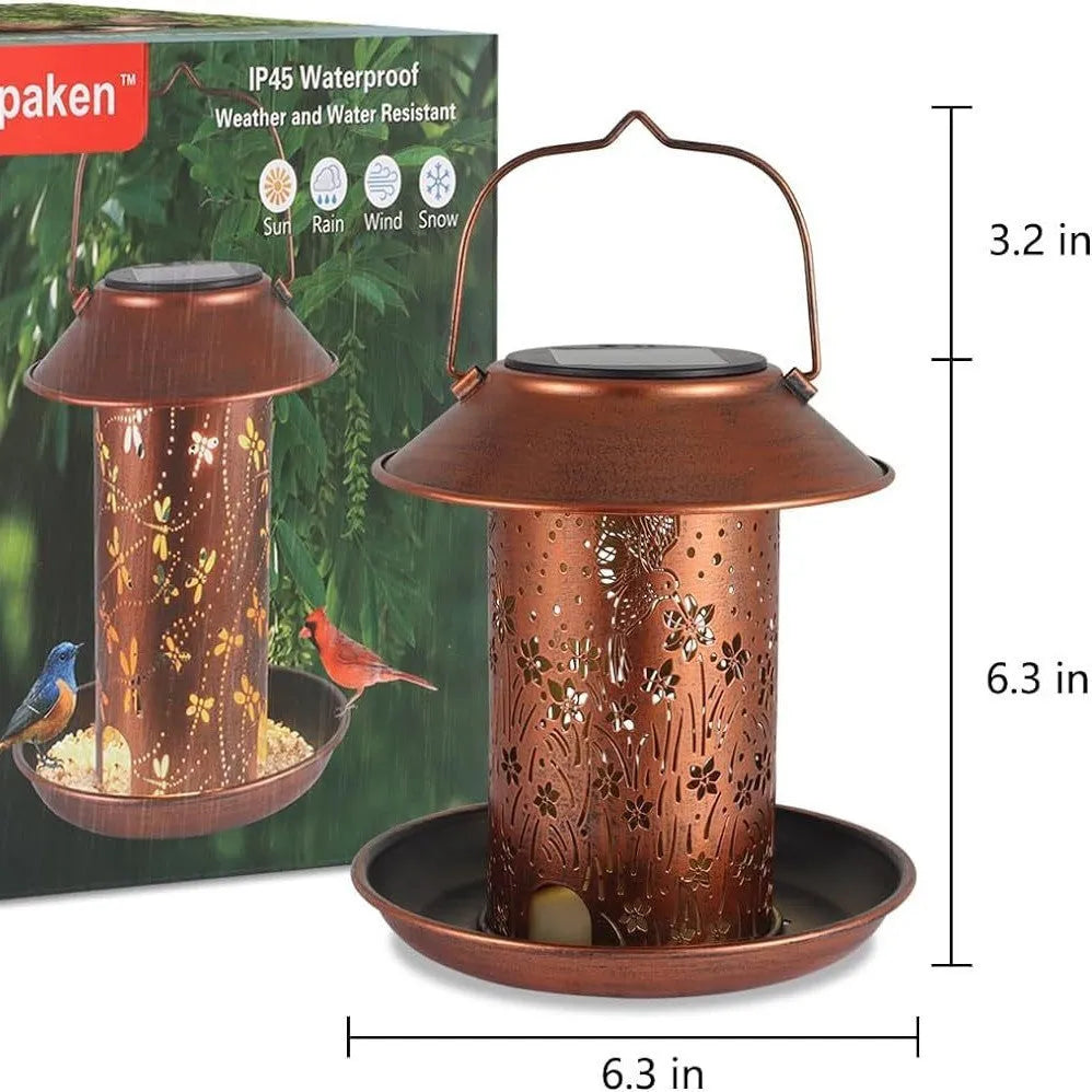 Solar powered iron art bird feeder with hummingbird pattern decoration and integrated LED lighting