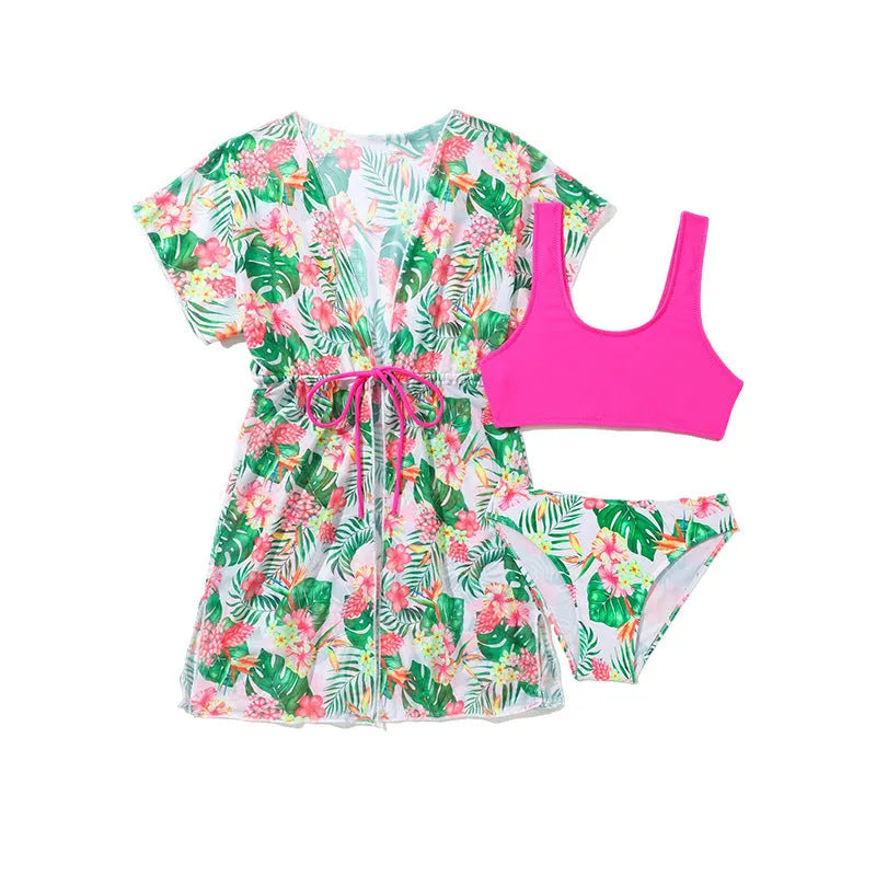 Girls' floral print two-piece swimsuit with high elasticity polyester fabric for swimming.