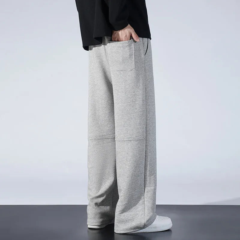 Men's straight-leg casual trousers in light gray, woolen fabric, size S to 4XL