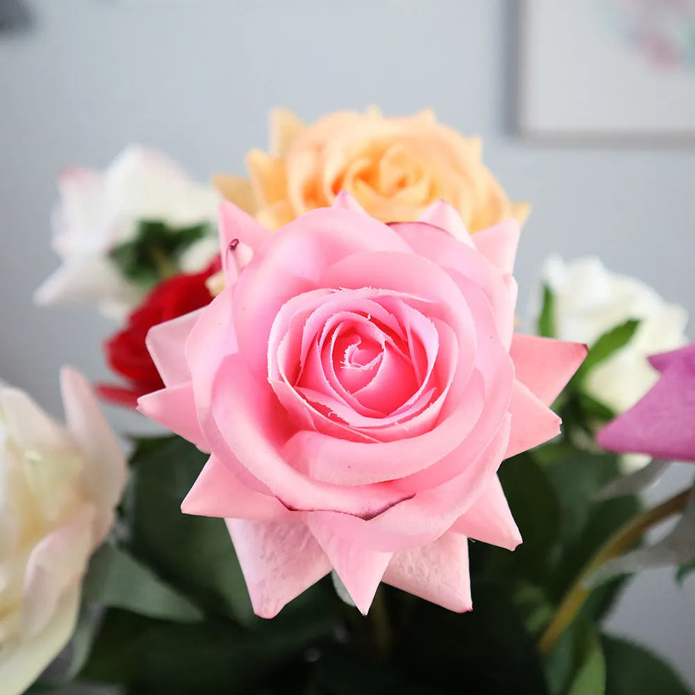 Artificial silk rose bouquet with 42cm length and 8.5cm flower head in multiple colour options