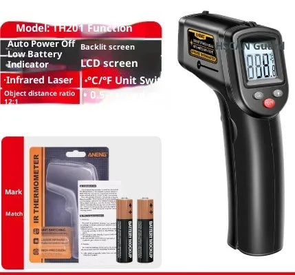 High precision infrared thermometer for industrial use, black colour, with trigger and display