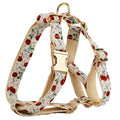 Red cherry print pet collar, lead, and harness set with light gold buckles and matching waste bag dispenser