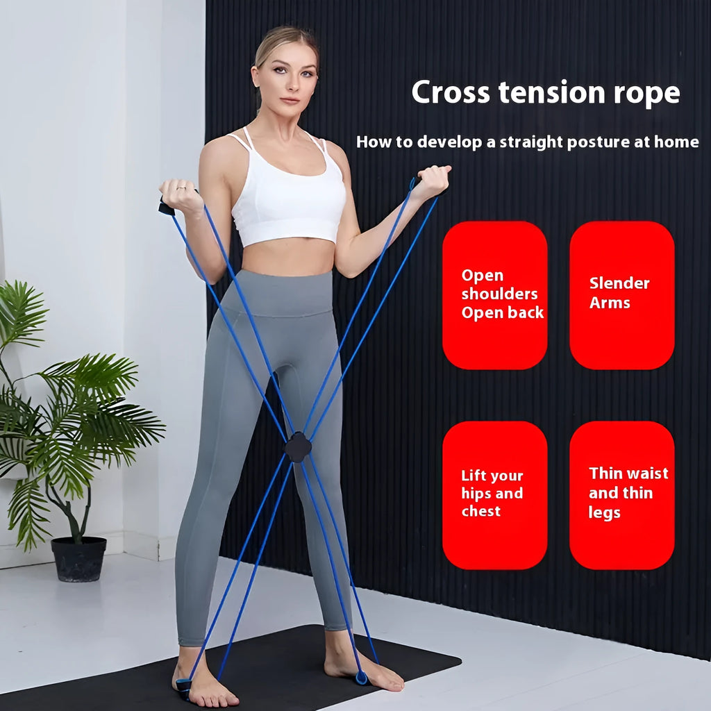 Blue eight-character shoulder puller for women's fitness with TPR cross-tension device