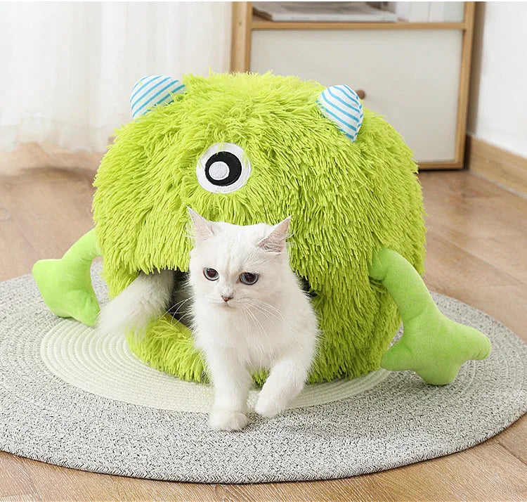 Fluffy round cat bed with non-slip base shown in three measured sizes