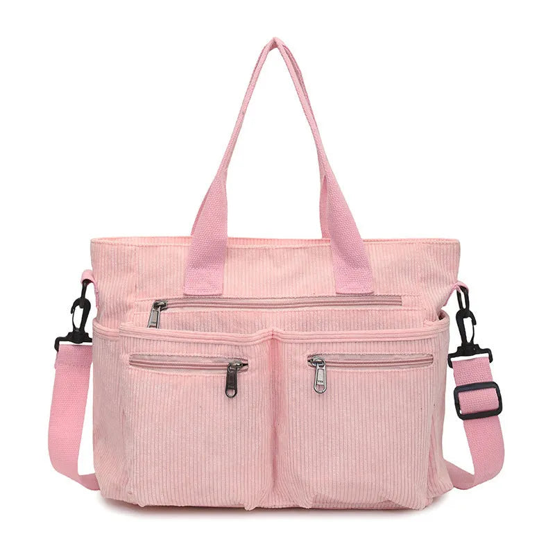 Large capacity corduroy shoulder bag in horizontal square shape with open pocket, 37x14x25cm, available in six colours