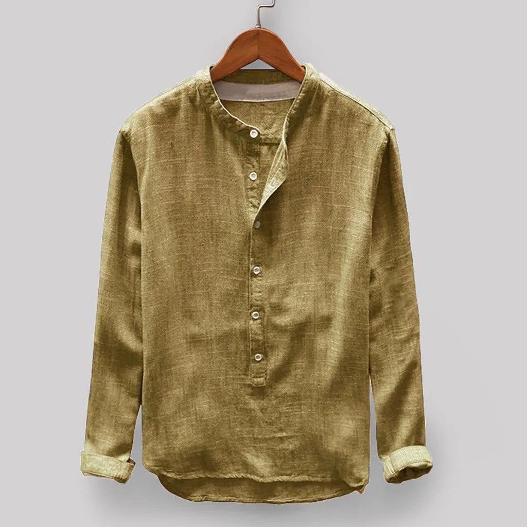 Men's solid colour casual shirt in a cotton and linen blend, shown in dark blue.
