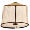 Heavy outdoor steel-framed umbrella tent with sunshade canopy and mosquito net in a garden setting.