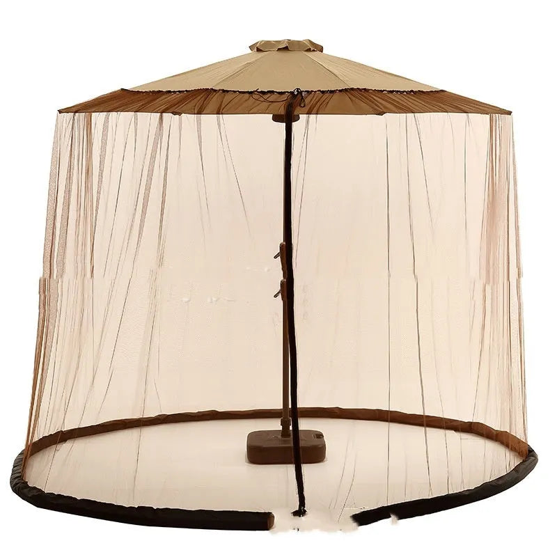 Heavy outdoor steel-framed umbrella tent with sunshade canopy and mosquito net in a garden setting.