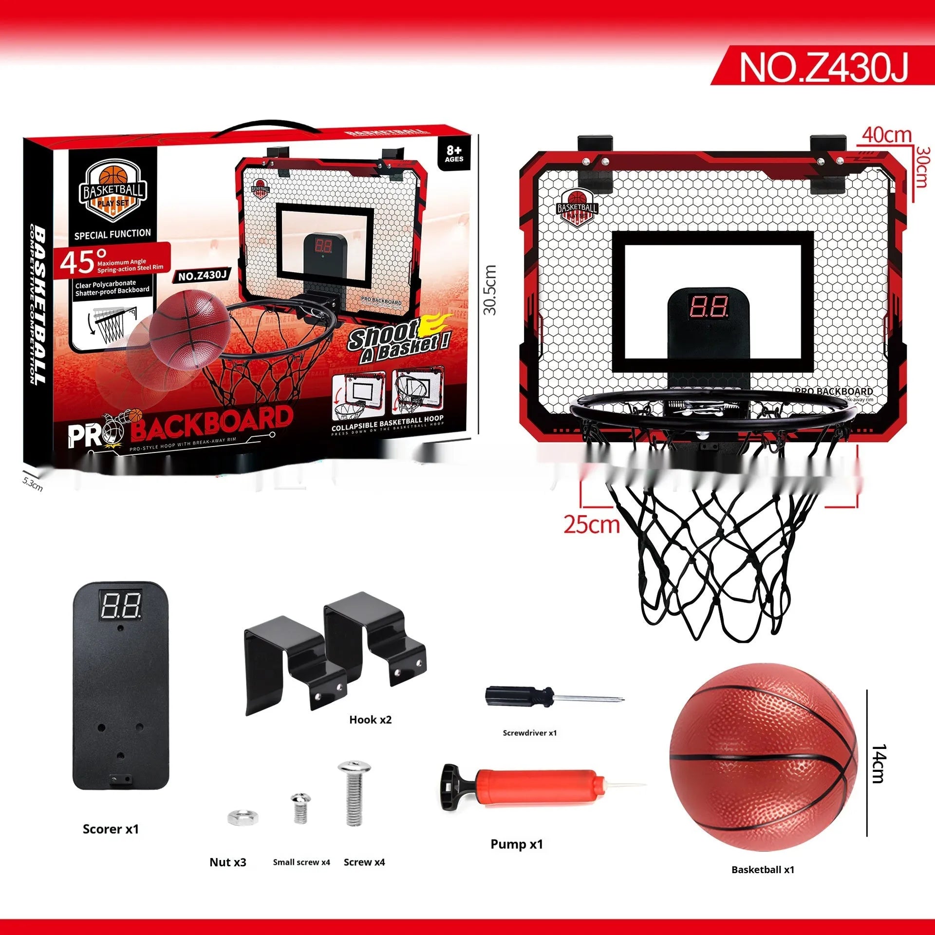 Red and blue foldable basketball frame toy with suction cups and hook shown in dunk scoring and folded ball rack positions.