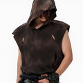 Khaki coloured short-sleeved cotton hood vest for youth, shown on a hanger.