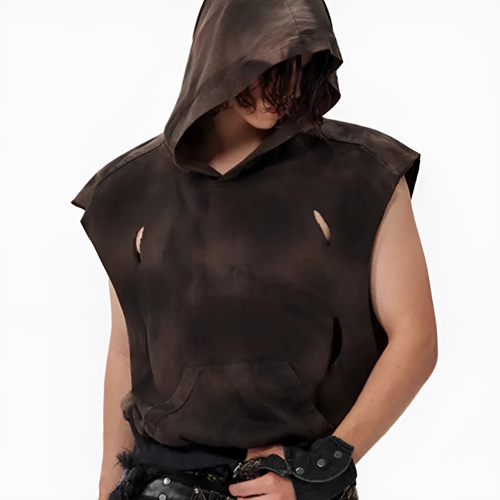 Khaki coloured short-sleeved cotton hood vest for youth, shown on a hanger.