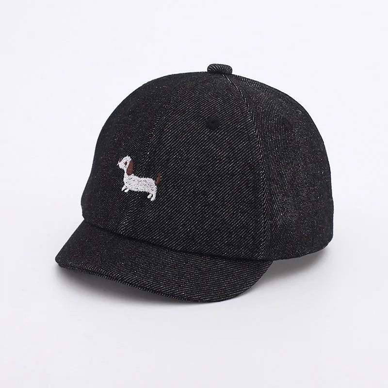 Baby denim baseball cap with puppy patch in light blue, dark blue, and black colour options.