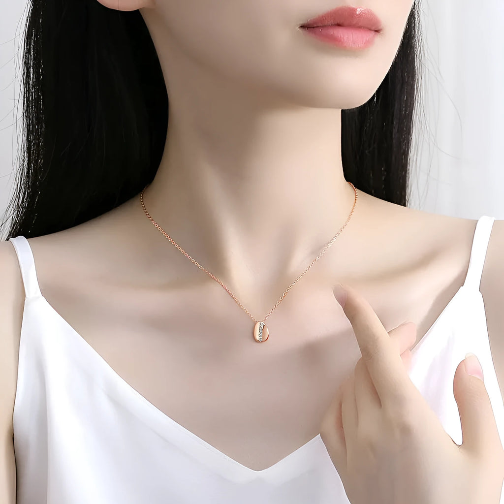 Coffee bean 925 silver necklace with inlaid zircon round pendant on a 41-50cm cross chain in white gold or rose gold colour