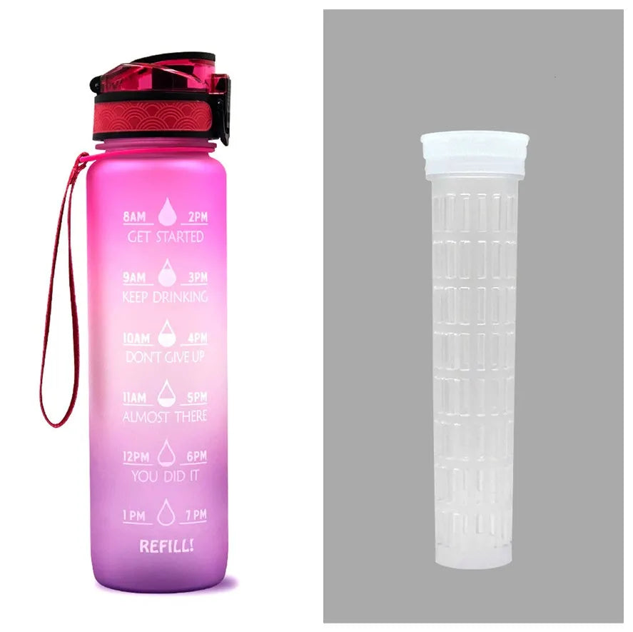 Blue and red gradient 1-litre Tritan sports water bottle with time markers, flip-top lid, and wrist strap.