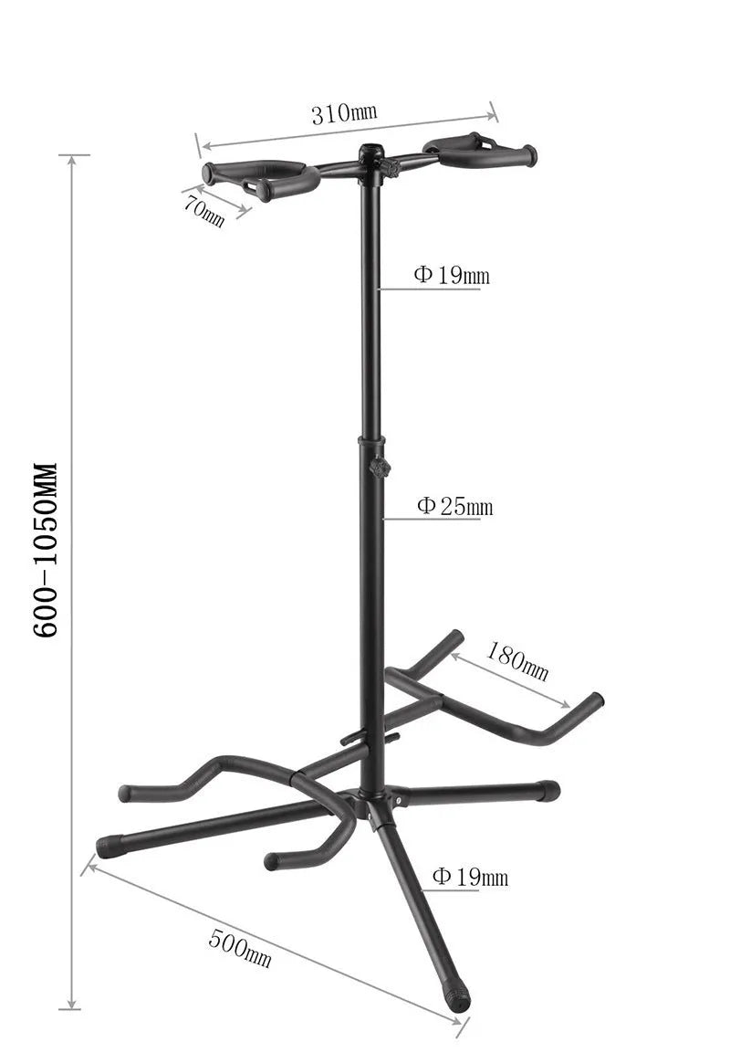 Black iron double-headed adjustable guitar stand for electric and acoustic instruments