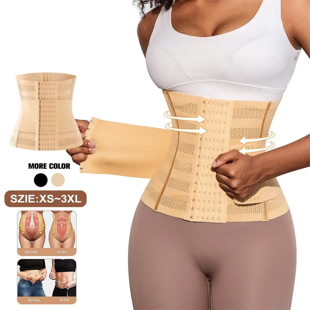Nylon belly band with double-layer reinforcement and drawstring, available in 23cm or 27cm width, black or apricot.