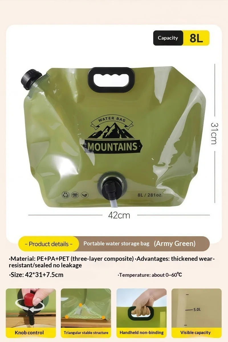 Outdoor water storage bag 8L in solid colour with waterproof fabric, portable for hiking and camping