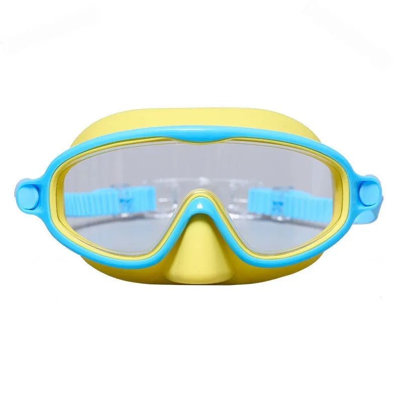 Children's large frame waterproof anti-fog outdoor swimming goggles in blue and yellow colour