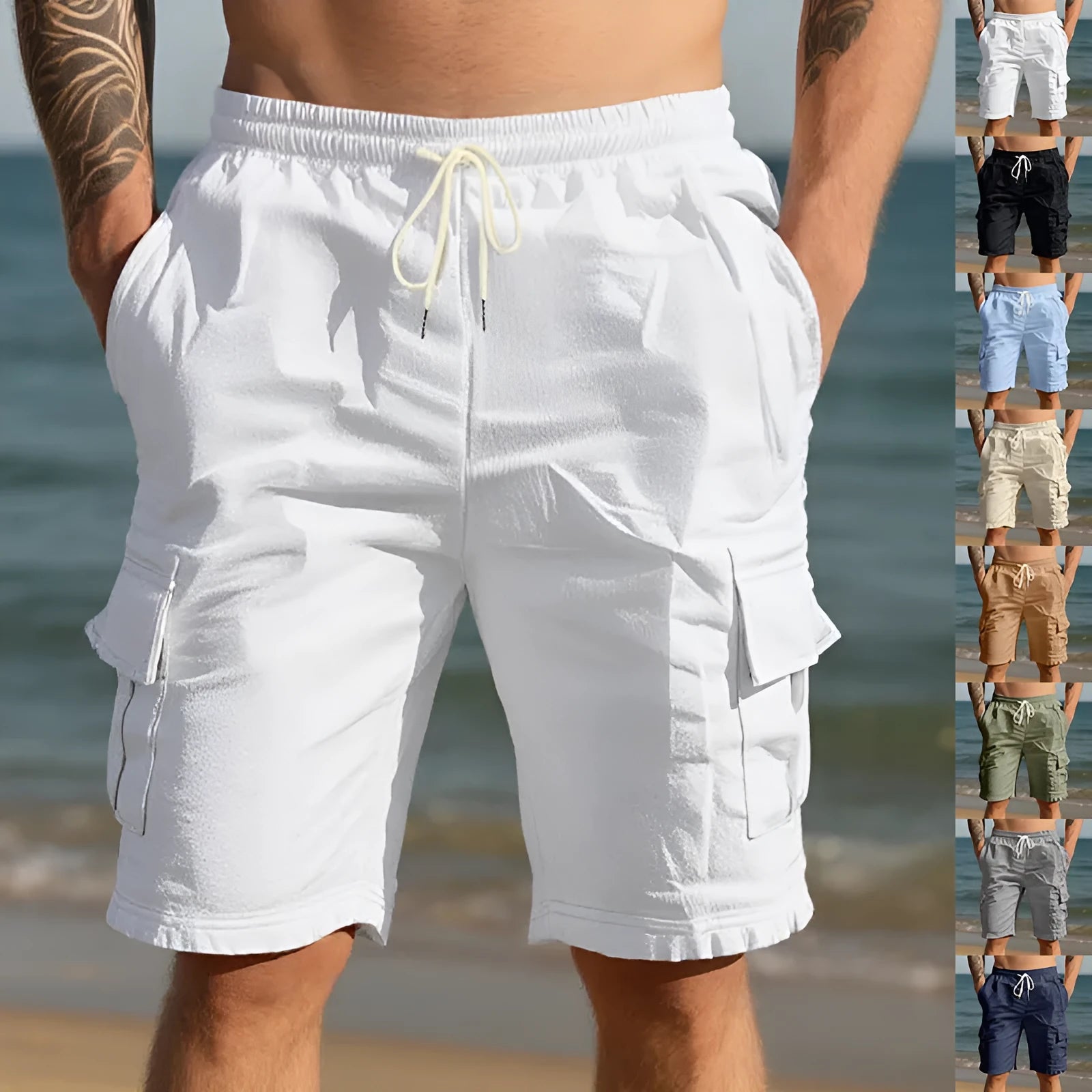Men's straight-leg linen casual shorts in a light blue colour, showing front view with pockets.