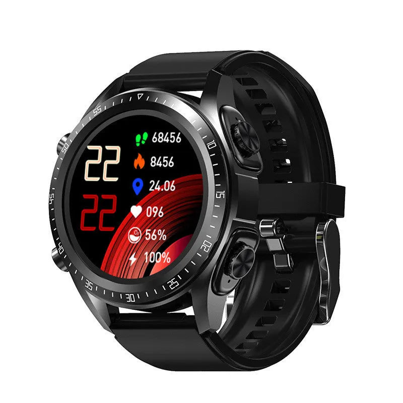 Black smart watch with blood pressure monitoring on silicone strap showing health metrics display