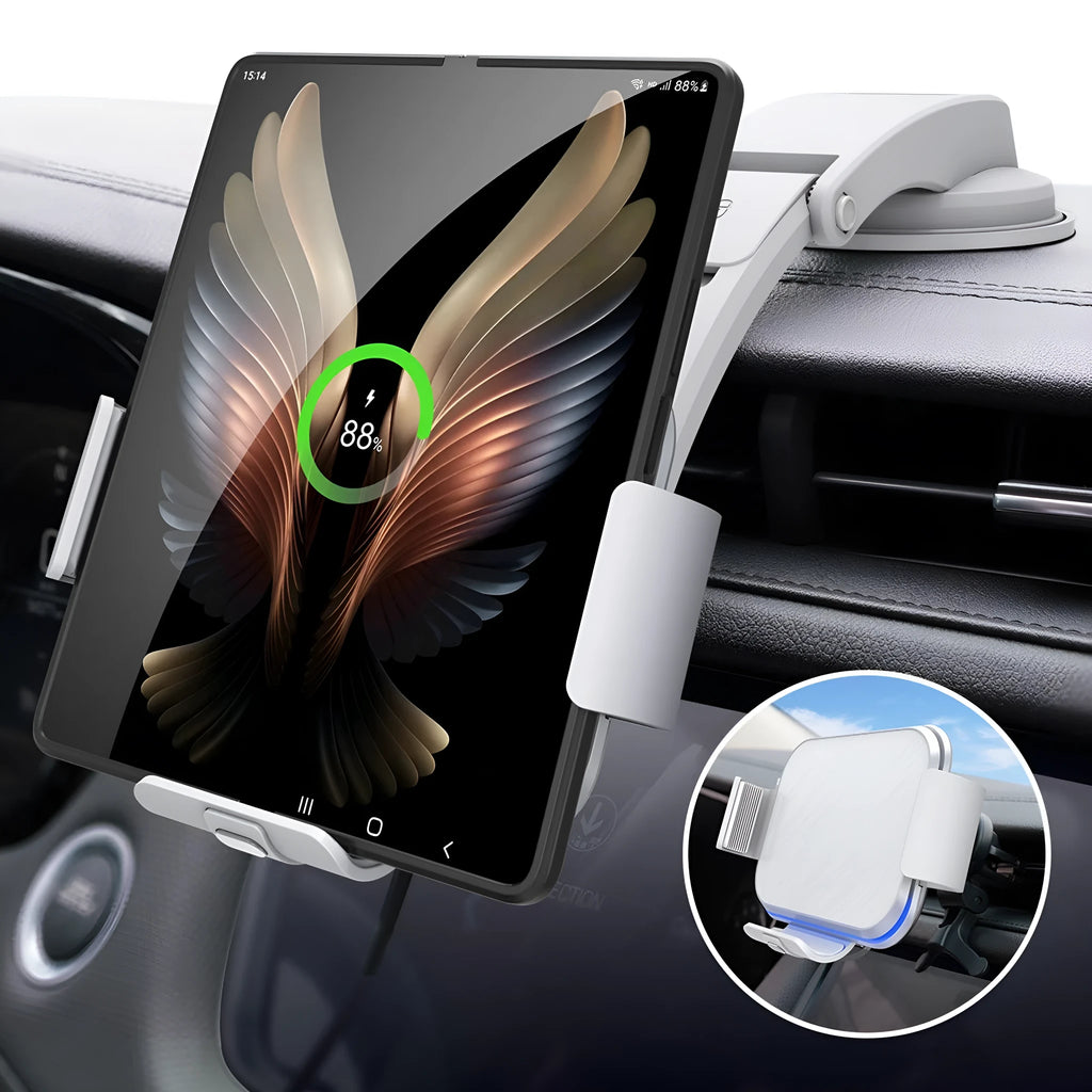 Grey wireless charging car phone holder with folding screen shown with air vent clip and suction cup bracket.