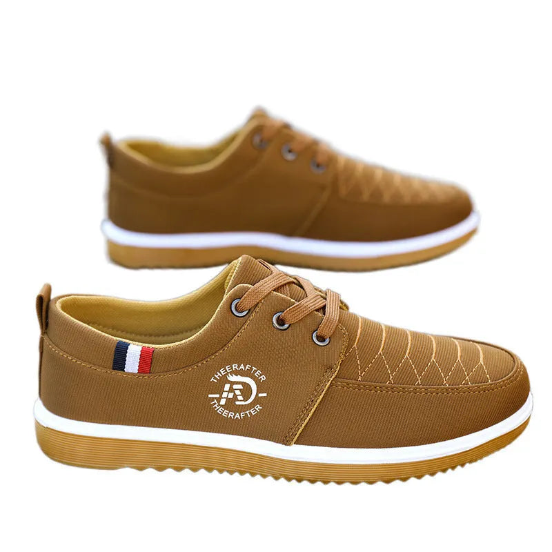 Men's black canvas platform casual work shoes with a high heel and leather toe cap.