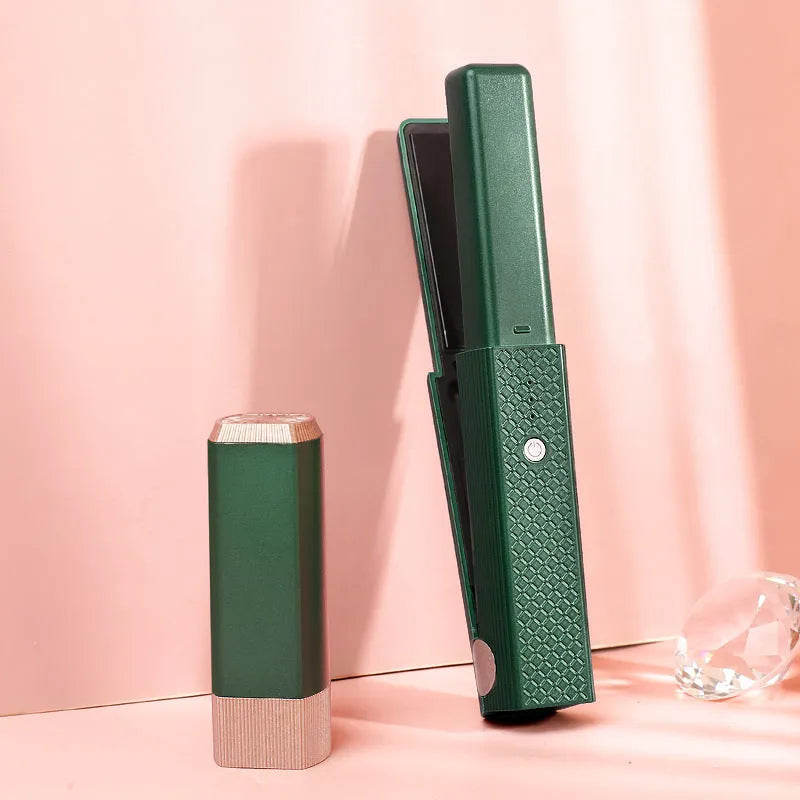 Pink and green cordless USB hair straightener with ceramic plates and digital temperature display.