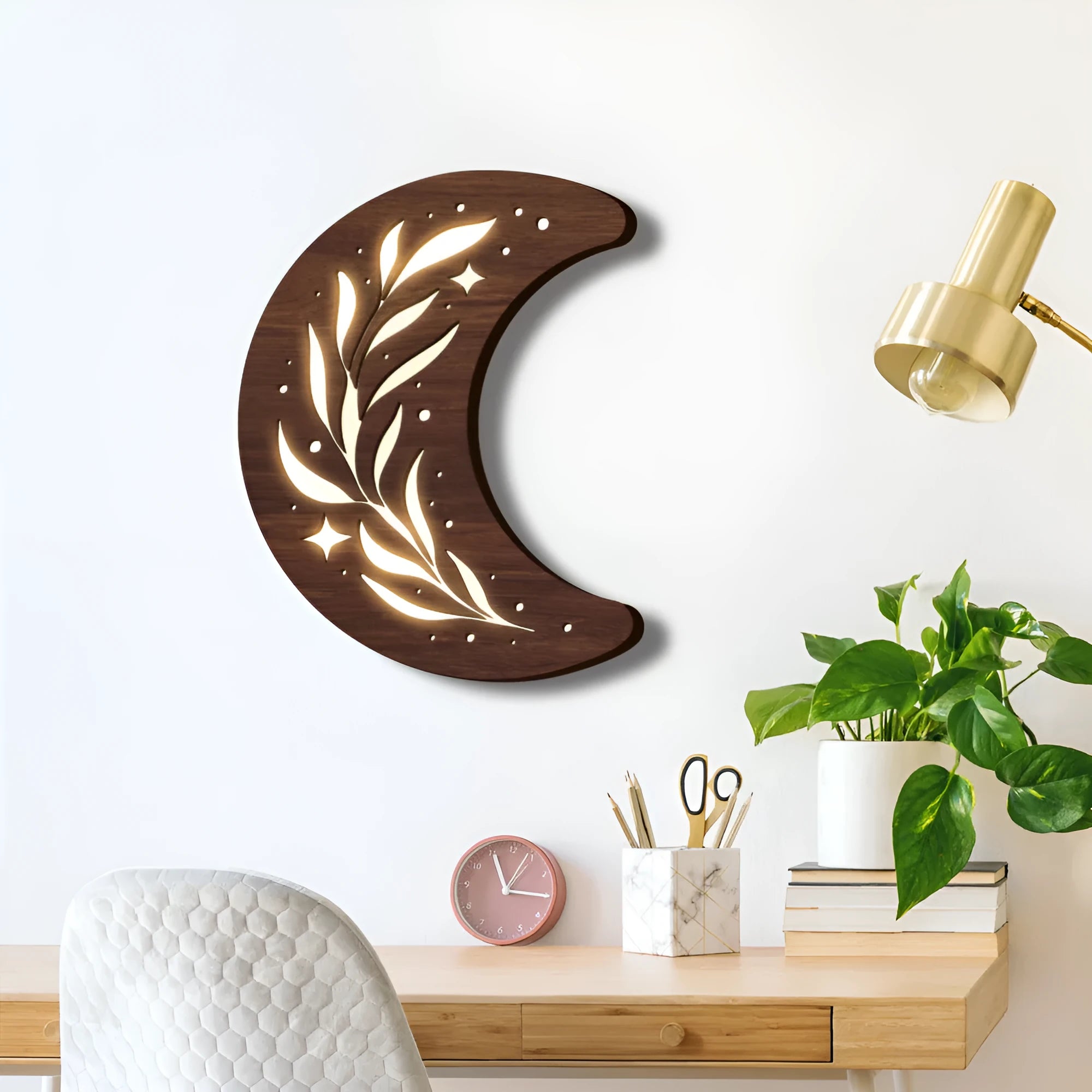 Wooden leaf crescent moon pendant lamp with LED lights and natural wood finish