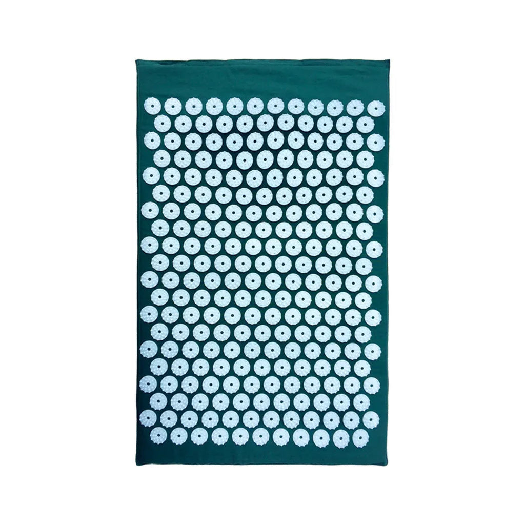 Black and blue acupuncture massage mat set with cushion and headrest on floor for yoga and massage