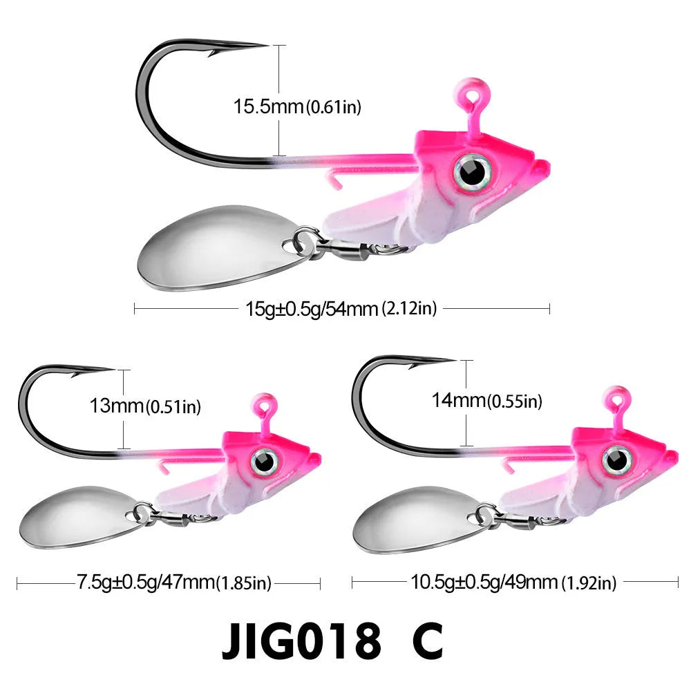 Lead jig hook soft fish counterweight in 7.5g, 10.5g, and 15g, shown in gray Starlight, yellow black, pink, blue, and green