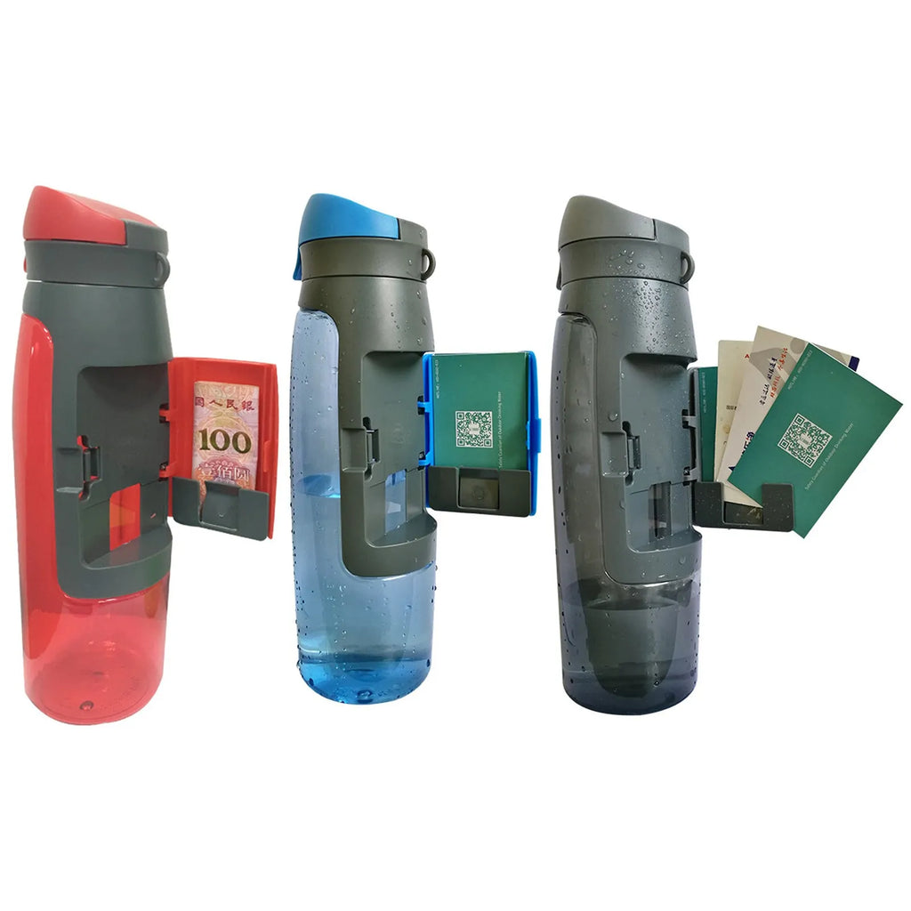 Water bottle shape hidden security container, PET, 750 ml, 7.5 x 26 cm, with BPA-free lid, shown in black.