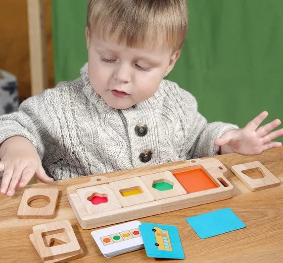 Wooden early education geometry puzzle with colour shape matching, trolley design, on a white background