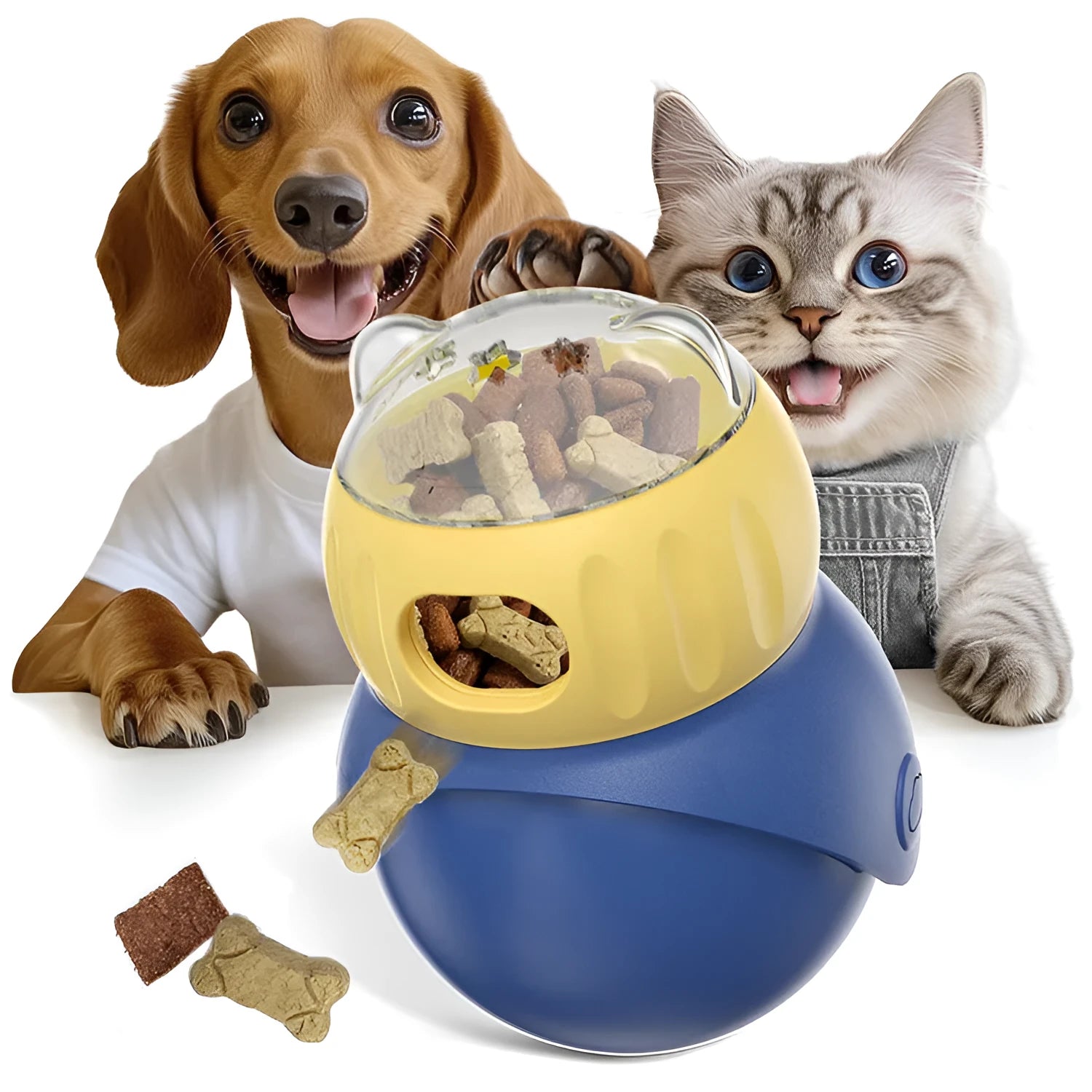 Morandi yellow and blue owl-shaped plastic slow feeder cat toy with kibble openings