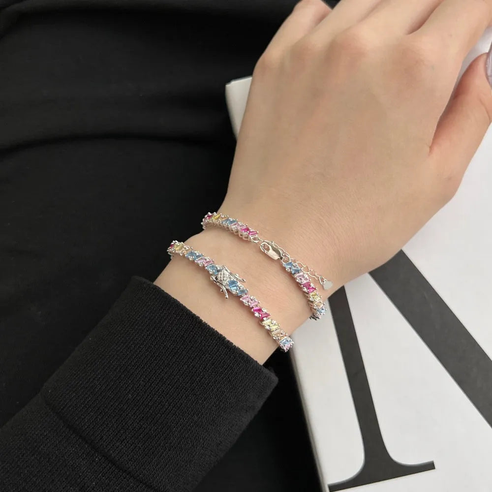 Silver zircon bracelet for women with geometric circle triangle hexagon octagon quadrangle shapes 16cm length